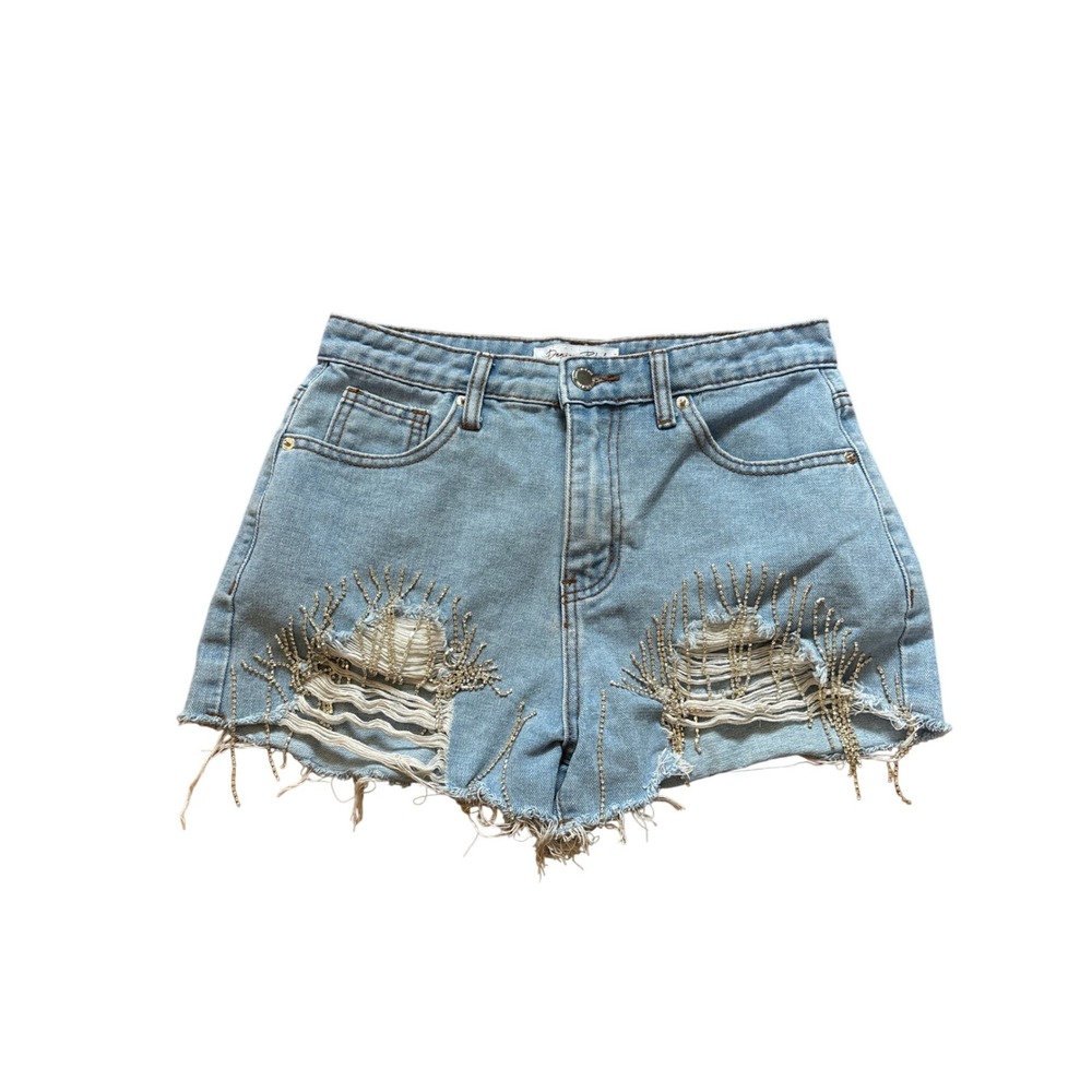 Denim Blvd Distressed Rhinestone Shorts Womens Light Blue High Rise SIZE S‎